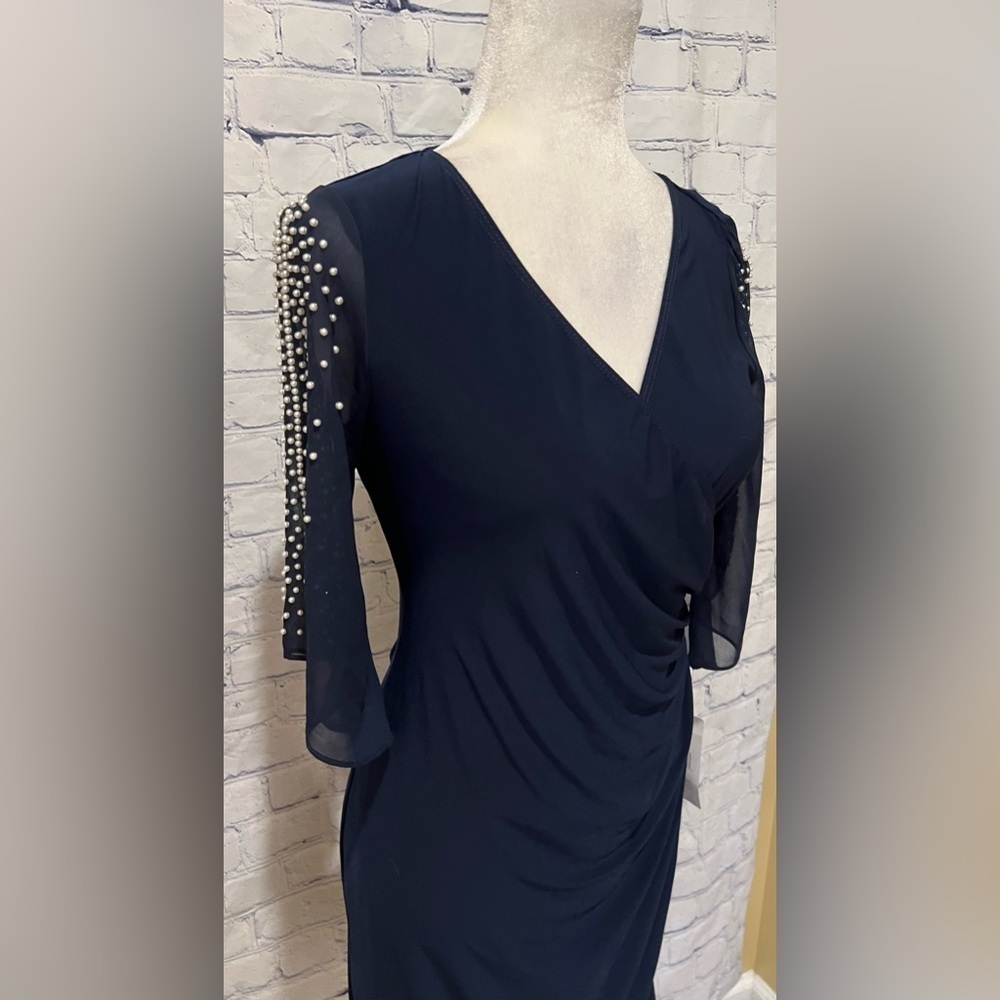 NWT MSK Womens Navy Stretch Embellished Cold Shoulder Sheer Bell Sleeve Petite S - Picture 7 of 11
